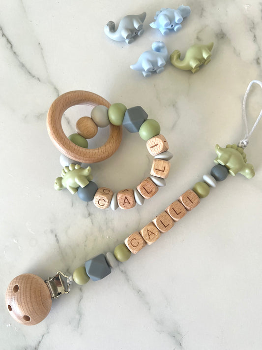 Personalised Dummy Clip & Teether - Dinosaur