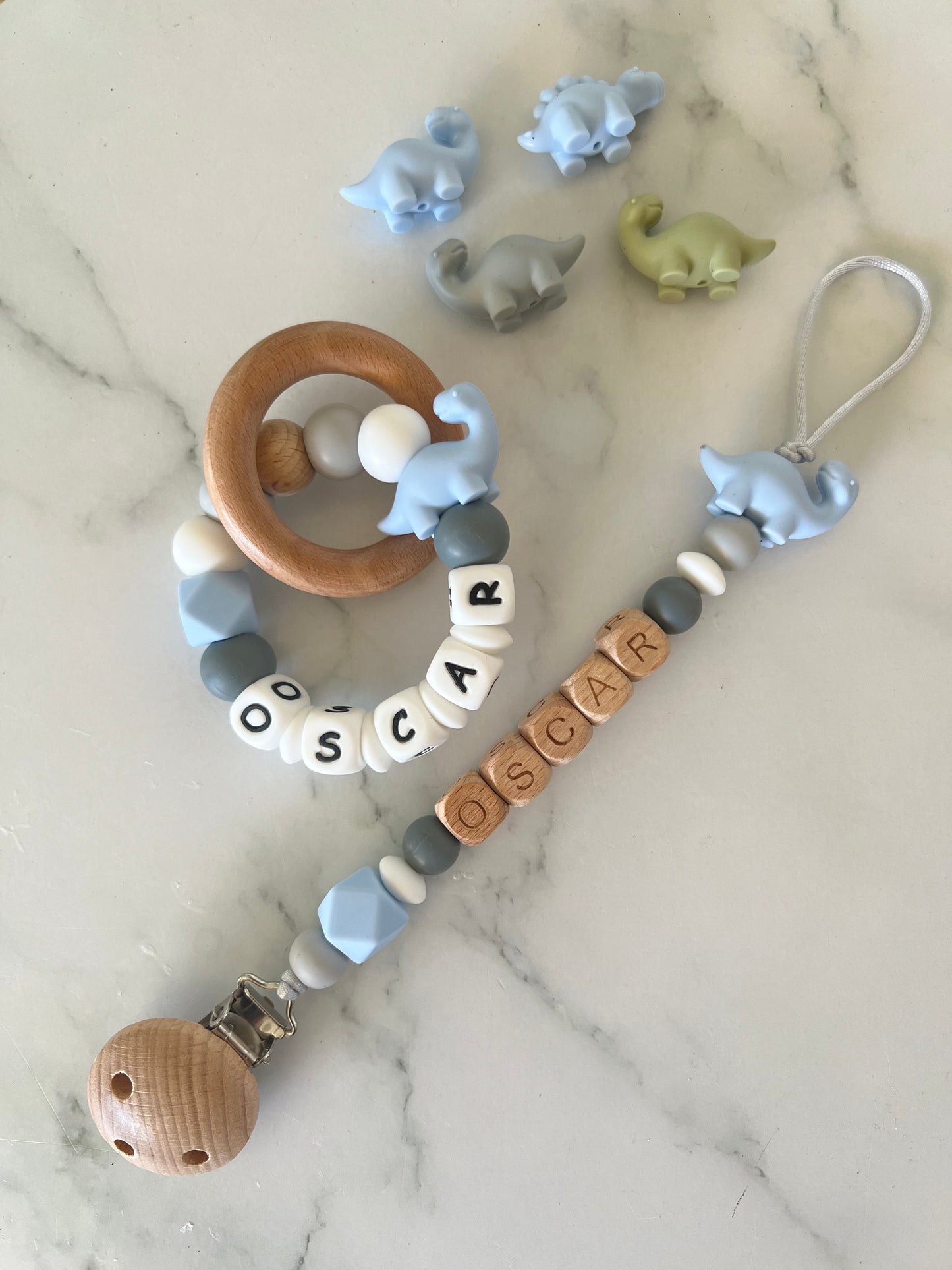 Personalised Dummy Clip & Teether - Dinosaur
