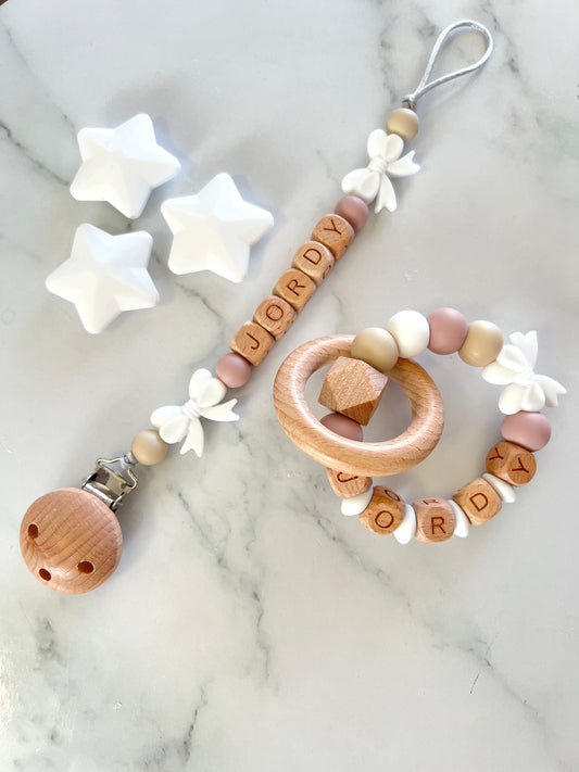 Personalised Dummy Clip & Teether - Bow