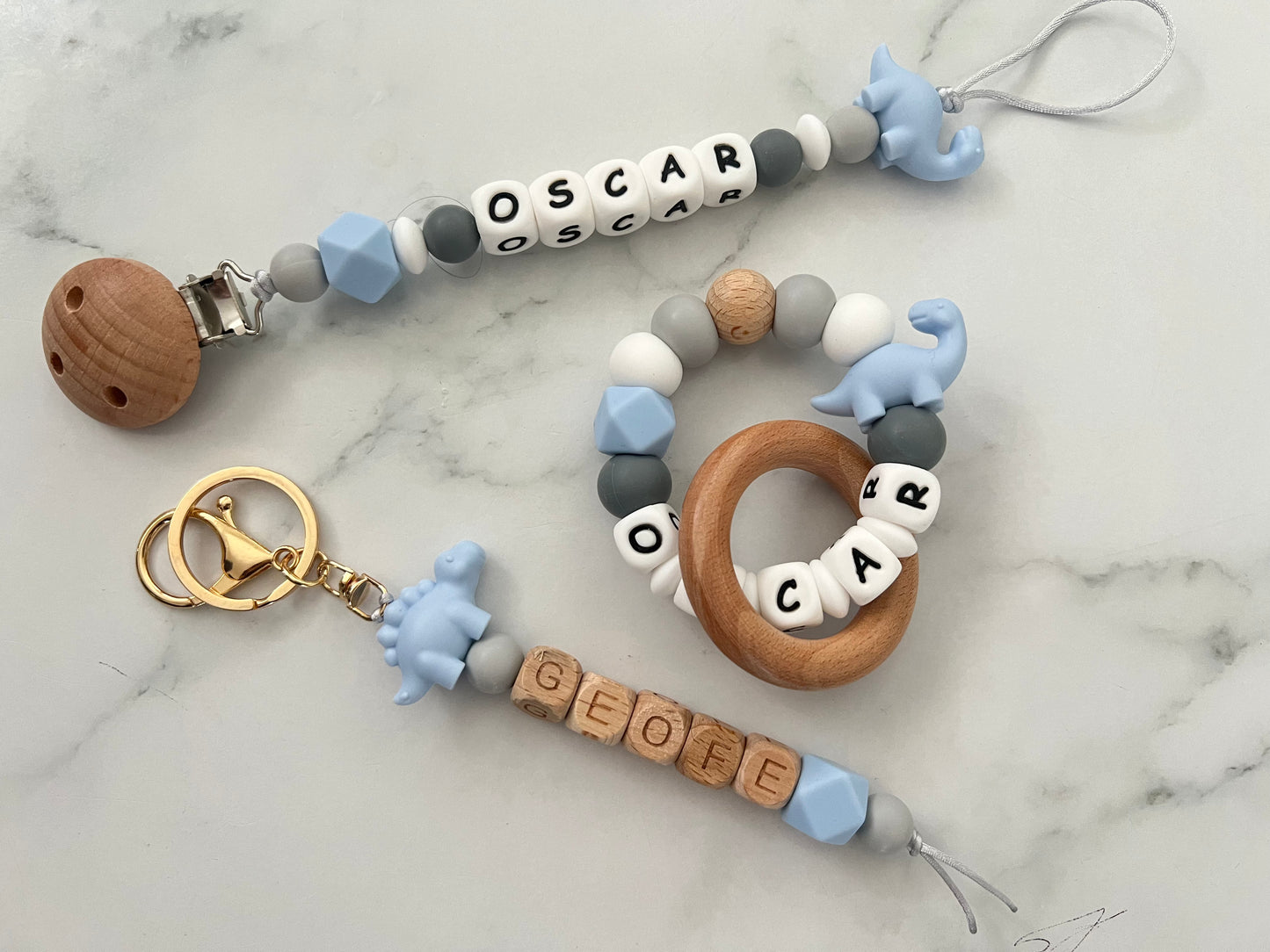 Personalised Dummy Clip, Teether & Keyring - Dinosaur