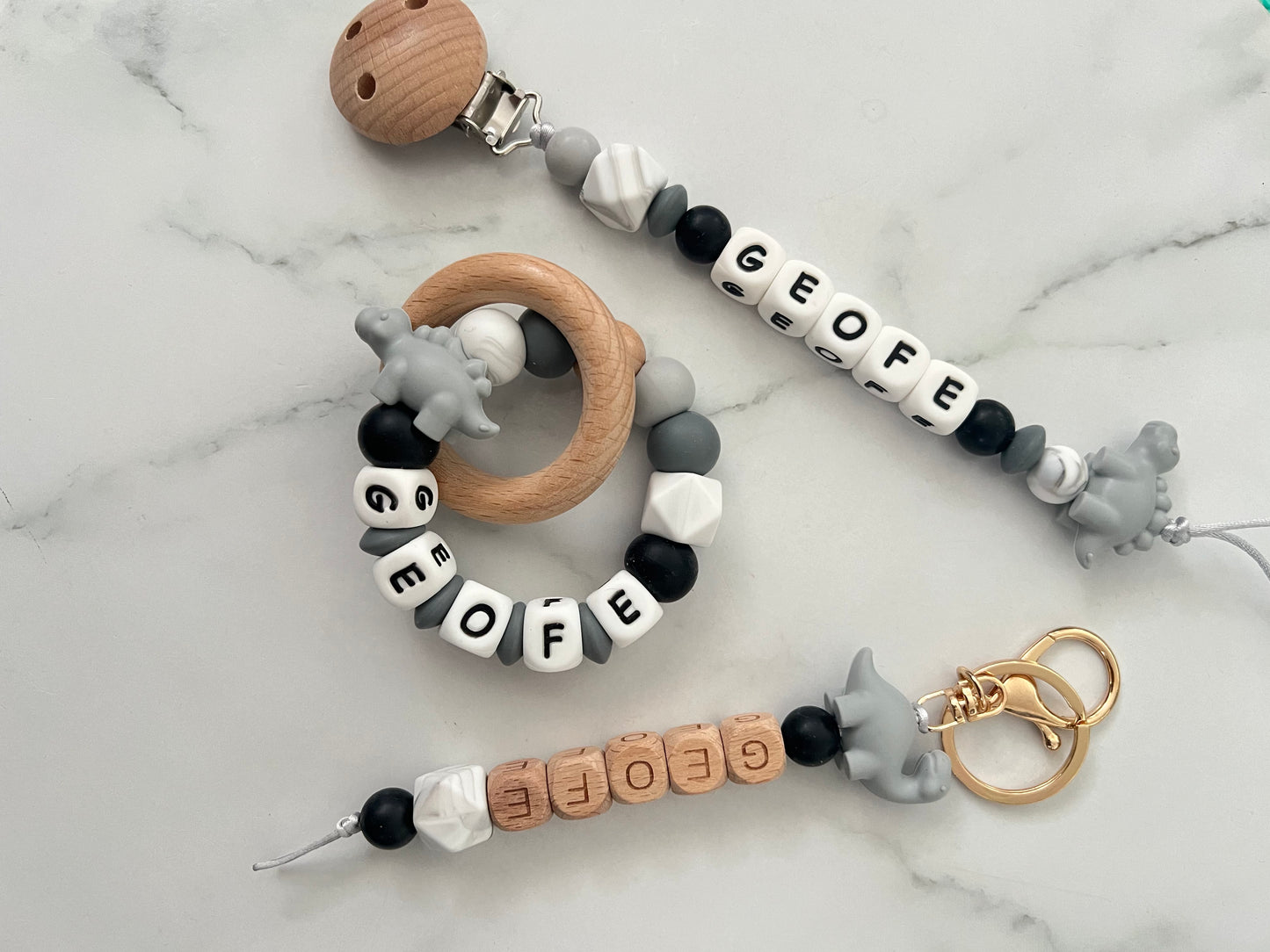 Personalised Dummy Clip, Teether & Keyring - Dinosaur