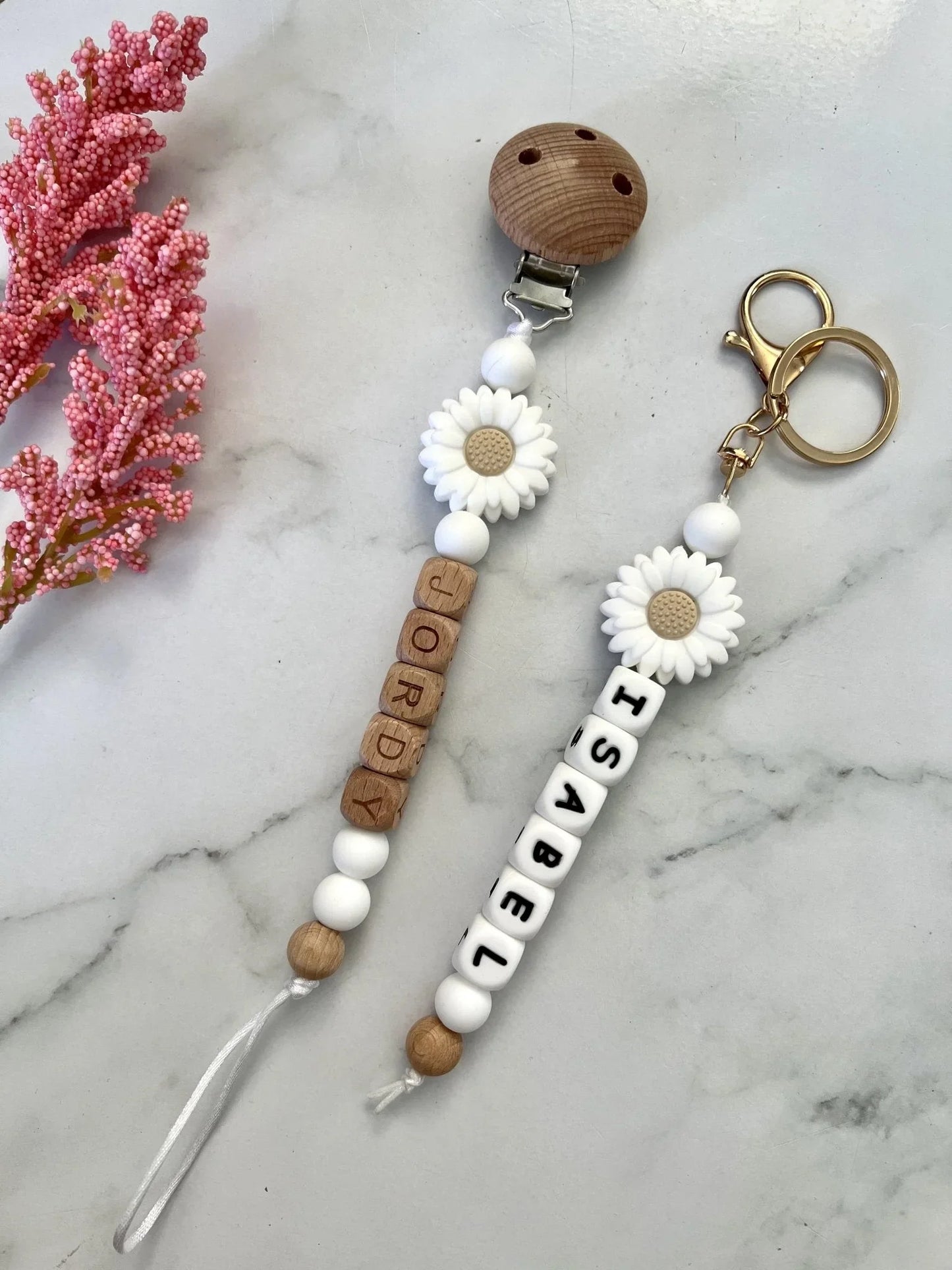 Personalised Dummy Clip & Key Ring - Daisy