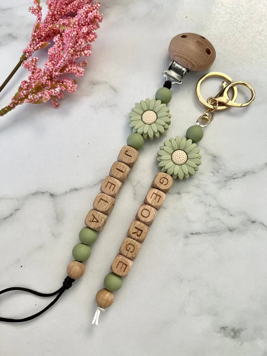 Personalised Dummy Clip & Key Ring - Daisy