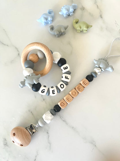 Personalised Dummy Clip & Teether - Dinosaur