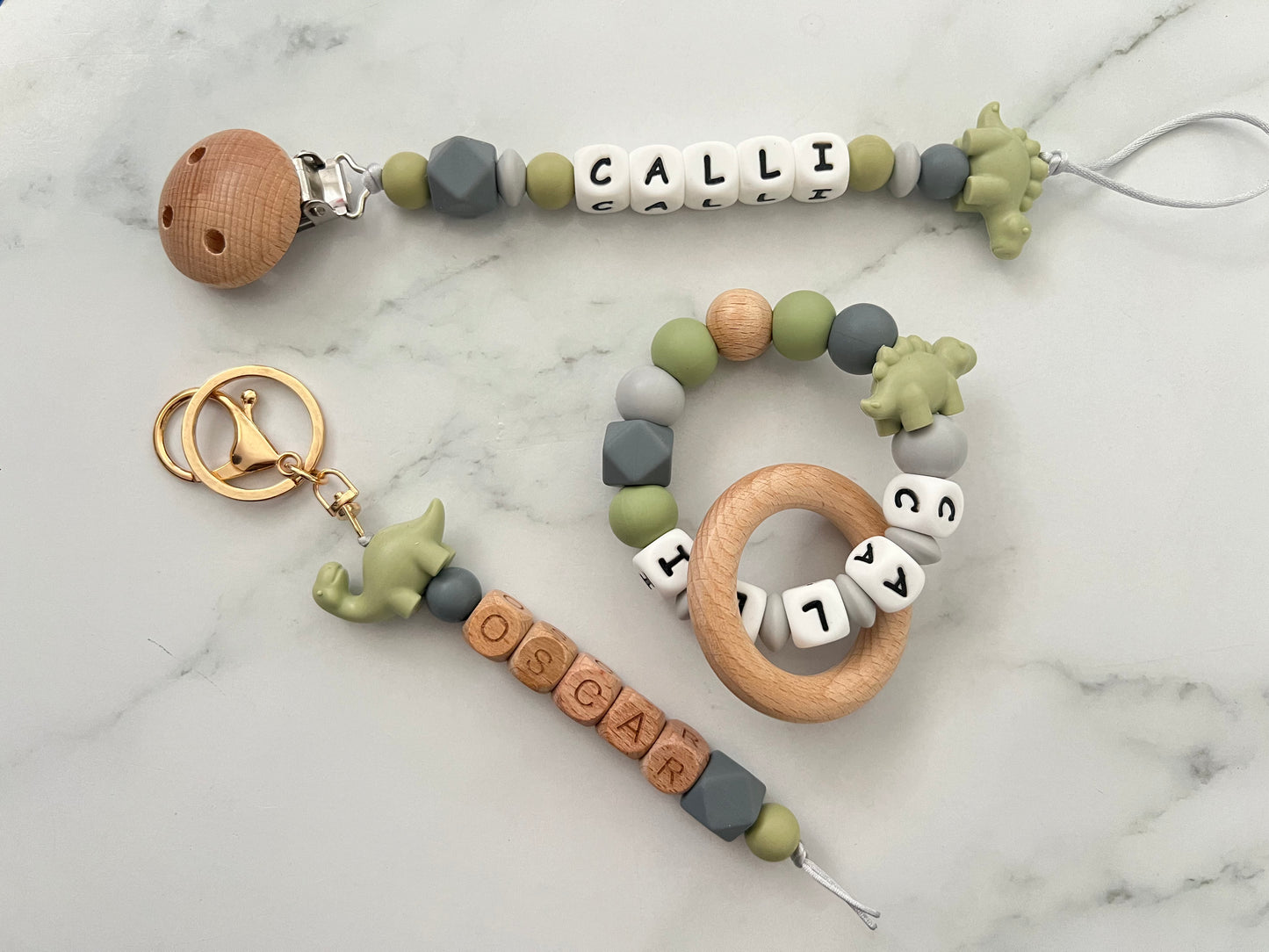  Personalised Dummy Clip, Teether & Keyring - Dinosaur  